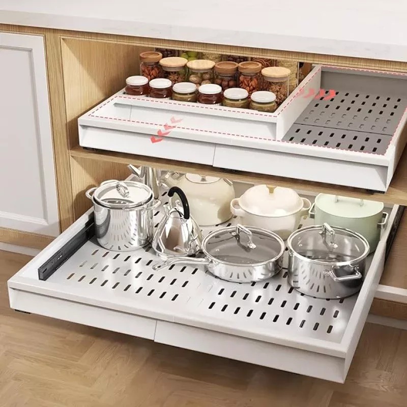 2 Pack Pull Out Cabinet Organizer With Raising Pad for Framed Cabinets,Expandable Width (13″-21″) and Depth (13″-17″),3 Slide Rails Slide Out Drawers with Handle,No-Drill Roll Out Shelf,White