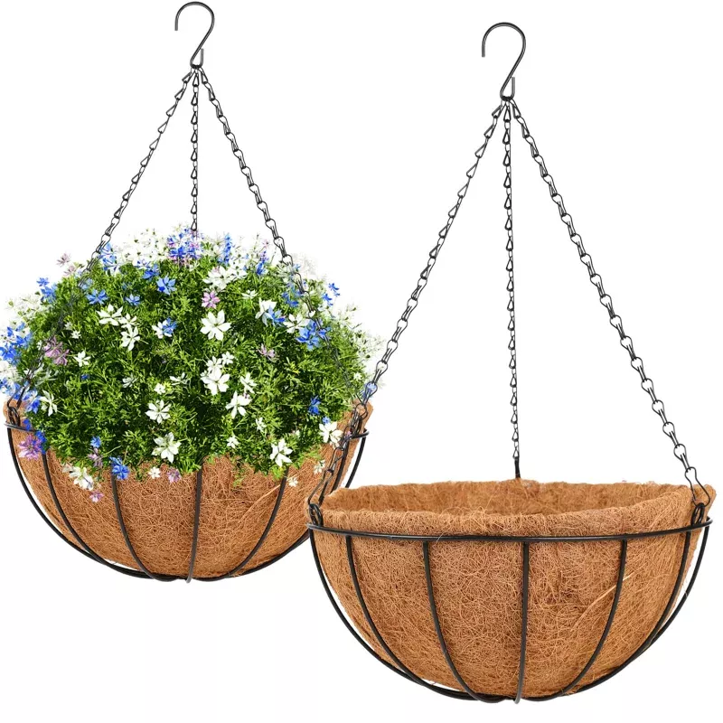 HKZ Hanging Basket Planter Plants Outdoor – 2 Pack 10 Inch Metal Hanging Planter with Coco Liners, Chain Hook Hanging Flower Pots for Indoor Outdoor Garden Porch Decoration